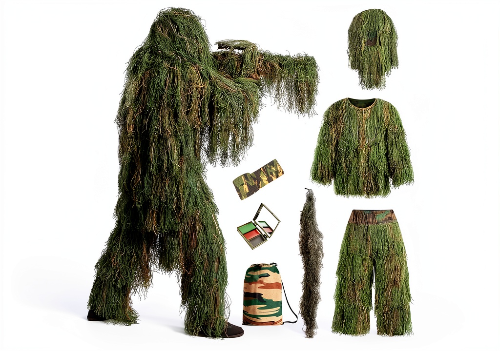 Bosvin ghillie suit displayed in a forest setting